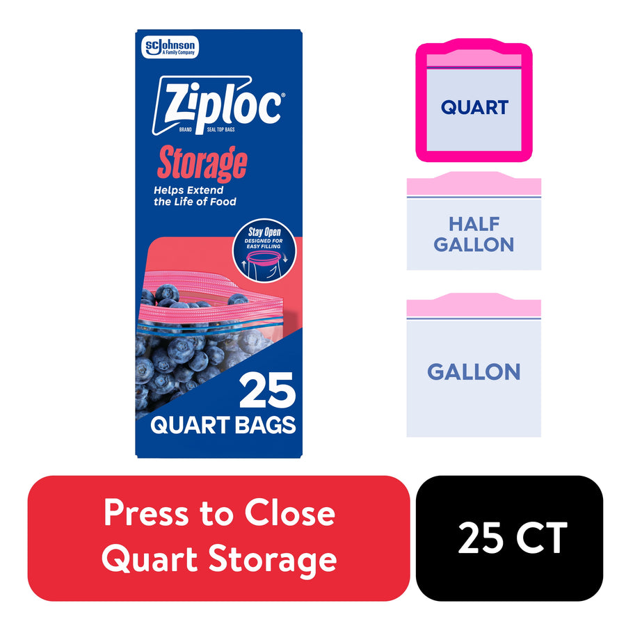Ziploc Brand Food Storage Bags - School Supplies, with Grip 'n Seal Technology, Zipper, Quart, 25 Count