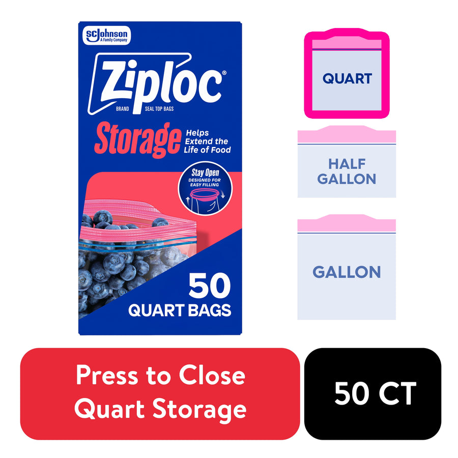 Ziploc Brand Food Storage Bags - School Supplies, with Grip 'n Seal Technology, Zipper, Quart, 50 Count