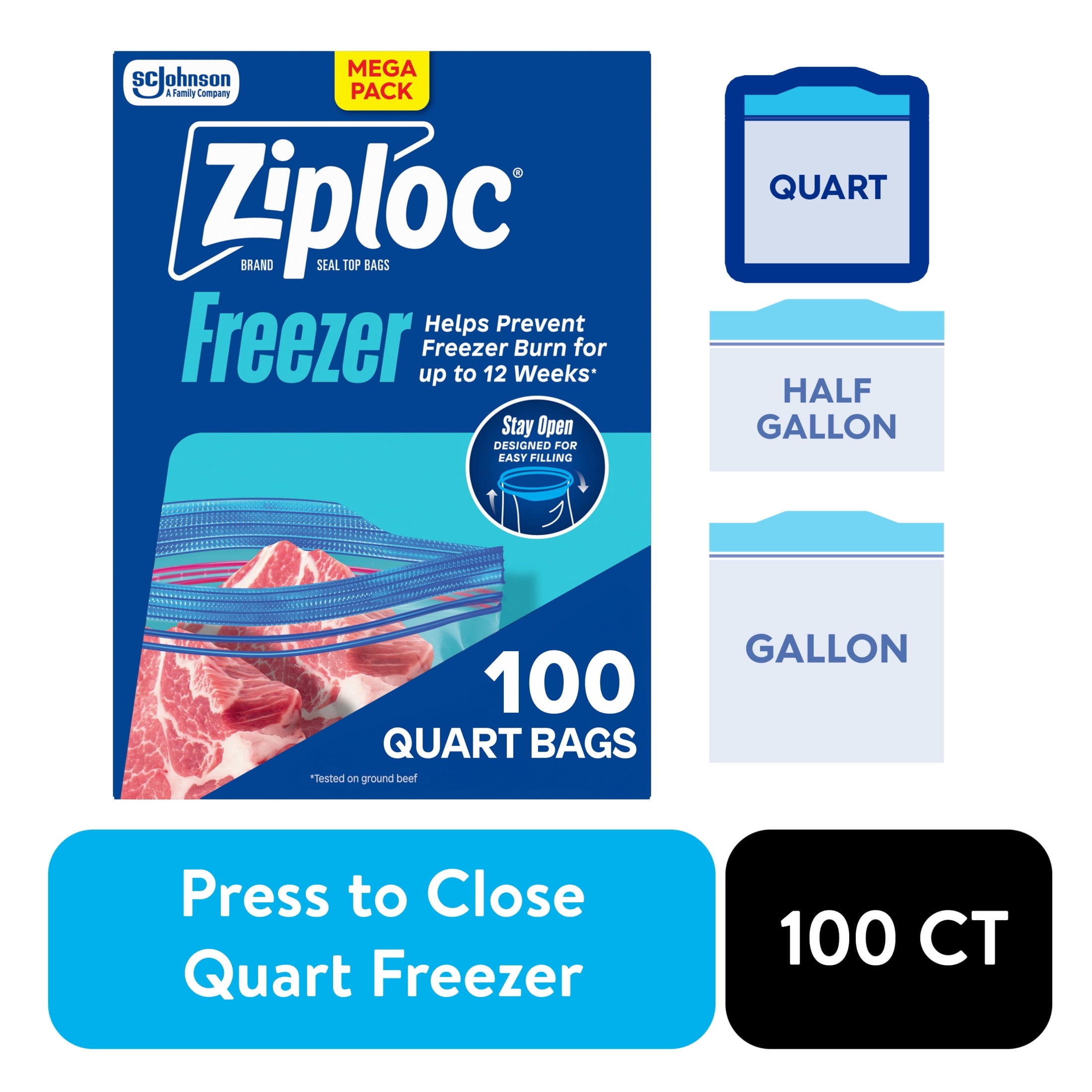 Ziploc Freezer Quart Food Storage Bags - School Supplies, Stay Open Design, Grip 'n Seal Technology, Zipper, 100 Count