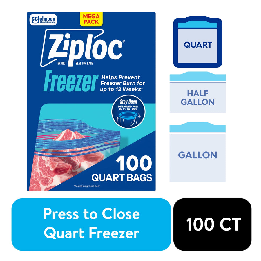 Ziploc Freezer Quart Food Storage Bags - School Supplies, Stay Open Design, Grip 'n Seal Technology, Zipper, 100 Count