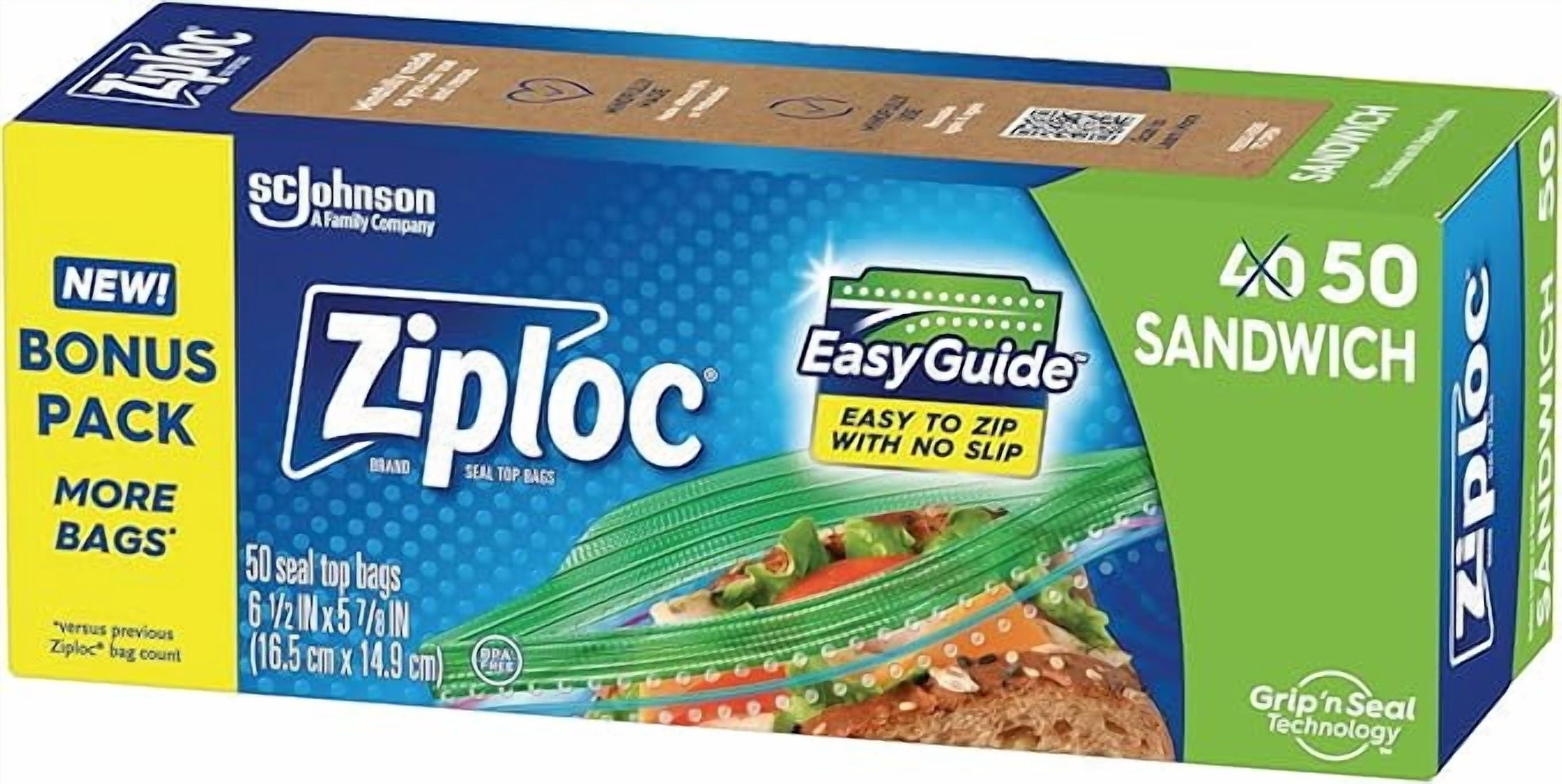 Ziploc Sandwich and Snack Bags with EasyGuide Texture - Plastic Storage Bags with Grip 'n Seal Technology, 50 Bags Total( Pack of 2 )