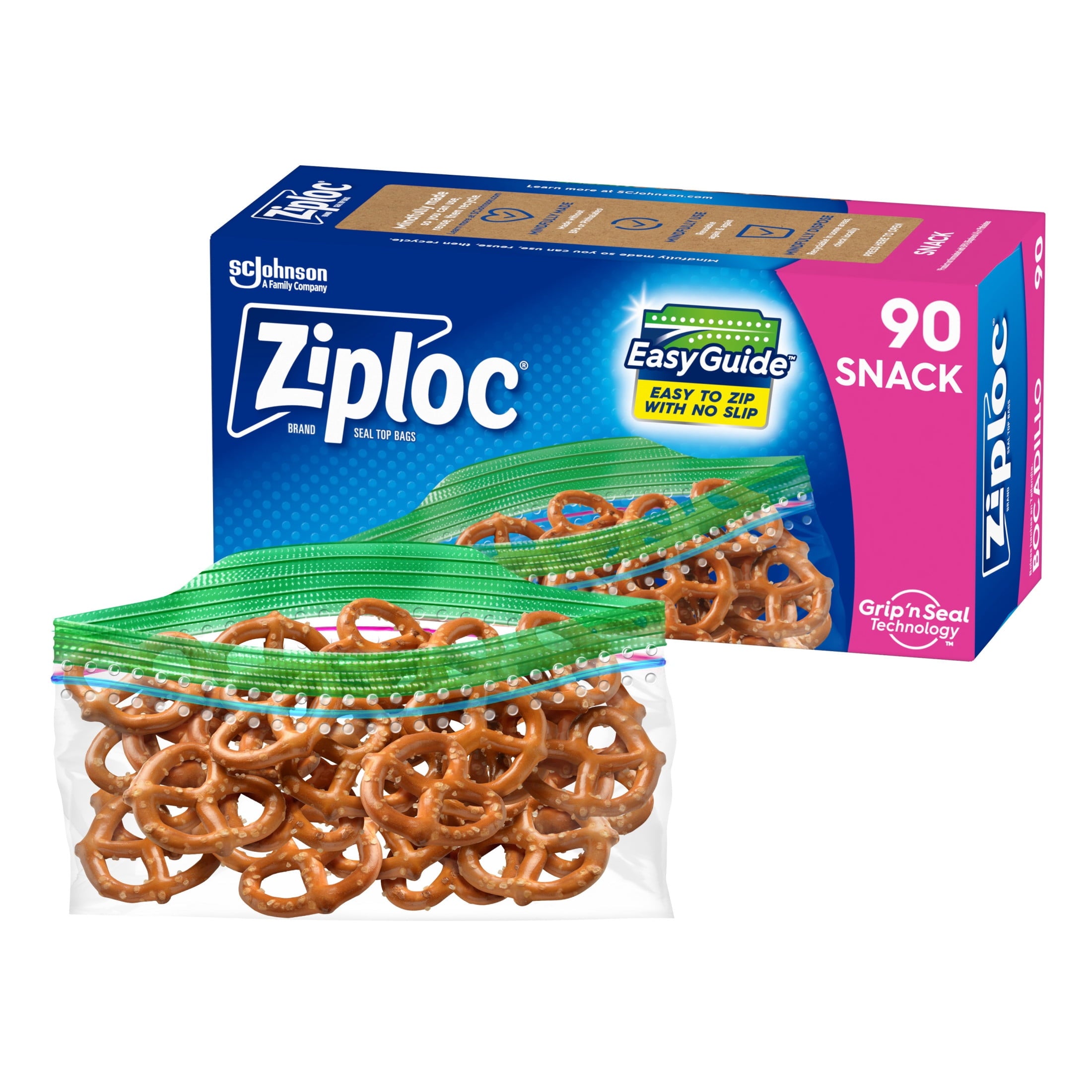 Ziploc® Snack Bags with EasyGuide™ Texture - Small Plastic Bags with Grip 'N Seal Technology, 90 Count