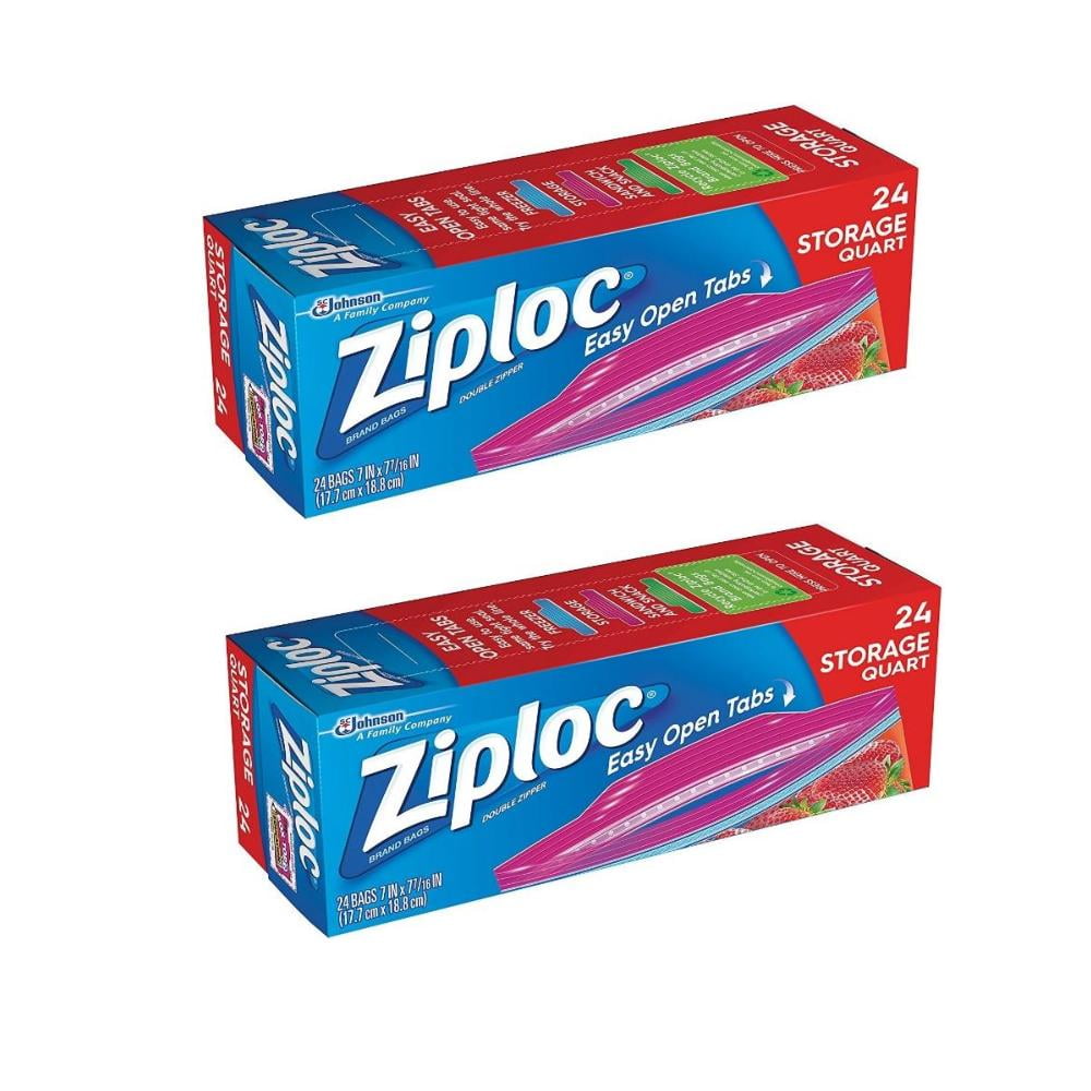 Ziploc Storage Quart Bags Grip 'n Seal Microwave Clear Plastic 24 Count - 2 Pack