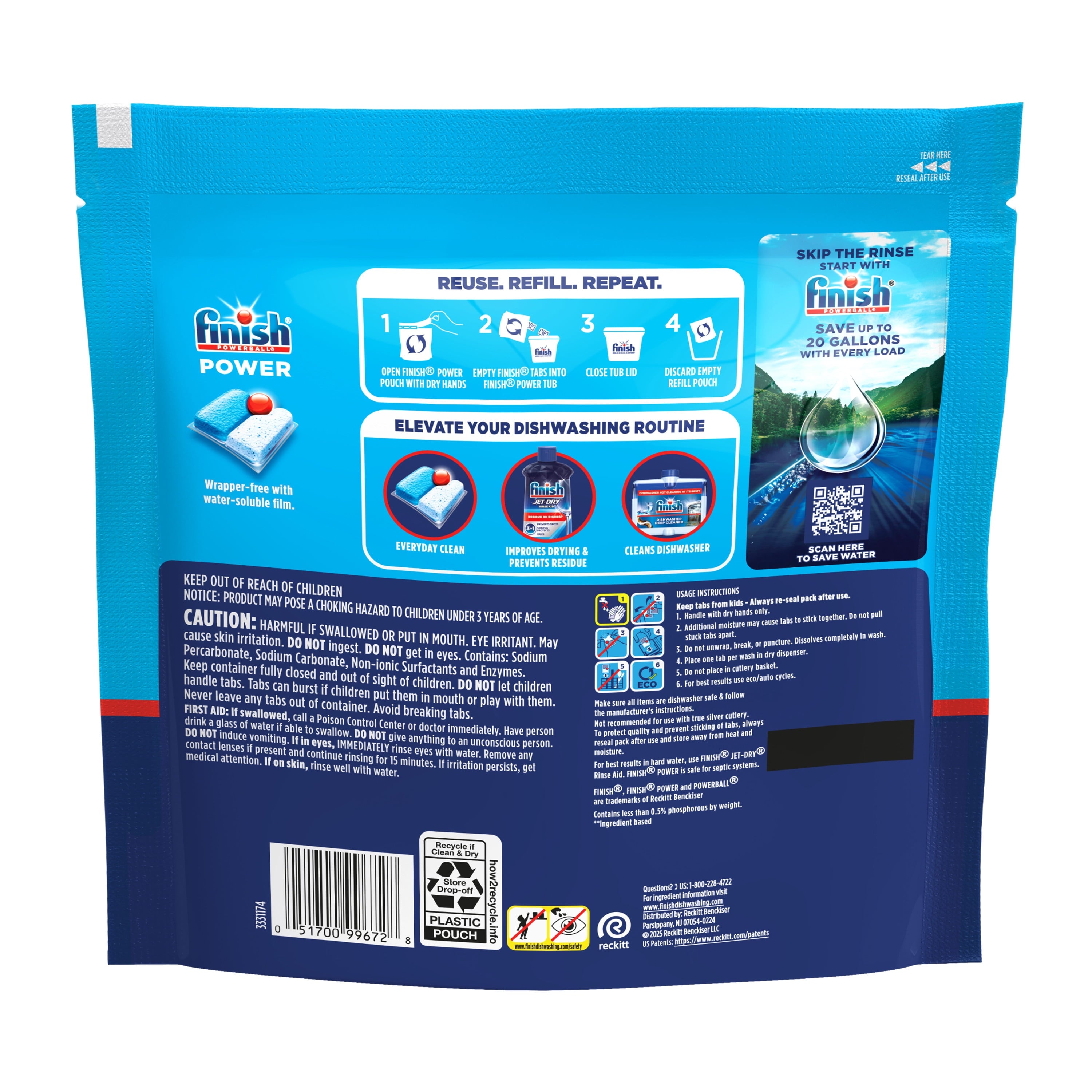 Finish Power Dishwasher Detergent Tabs - No Pre-Rinse Formula, 56 Count