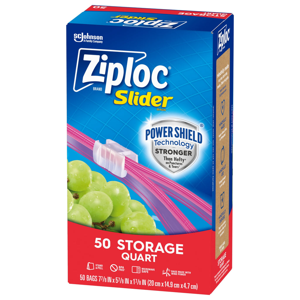 Ziploc Brand Slider Quart Food Storage Bags - School Supplies, with Power Shield Technology, Zipper, 50 Count