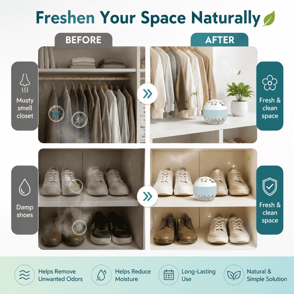 Odor Absorber for Closet - Shoes & Bathroom, Moisture Control Deodorizer Box, Compact Air Freshener for Home, Wardrobe, Pet Areas