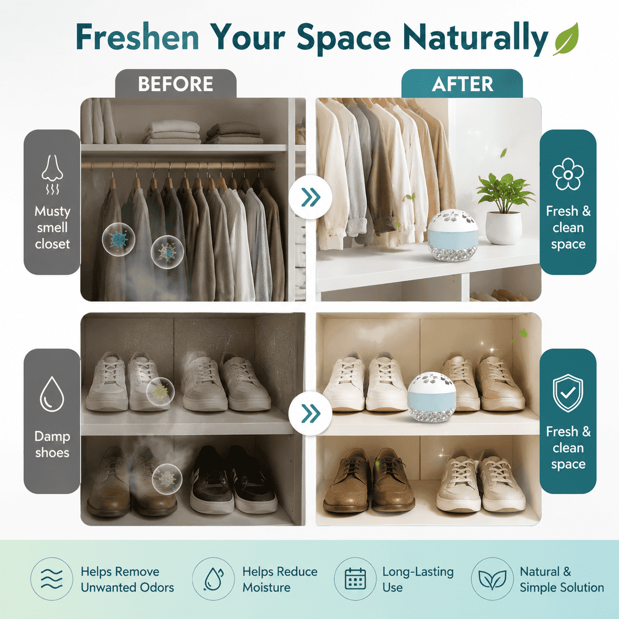 Odor Absorber for Closet - Shoes & Bathroom, Moisture Control Deodorizer Box, Compact Air Freshener for Home, Wardrobe, Pet Areas