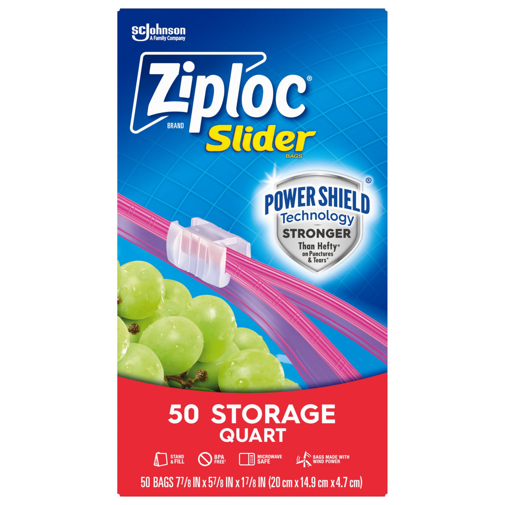 Ziploc Brand Slider Quart Food Storage Bags - School Supplies, with Power Shield Technology, Zipper, 50 Count