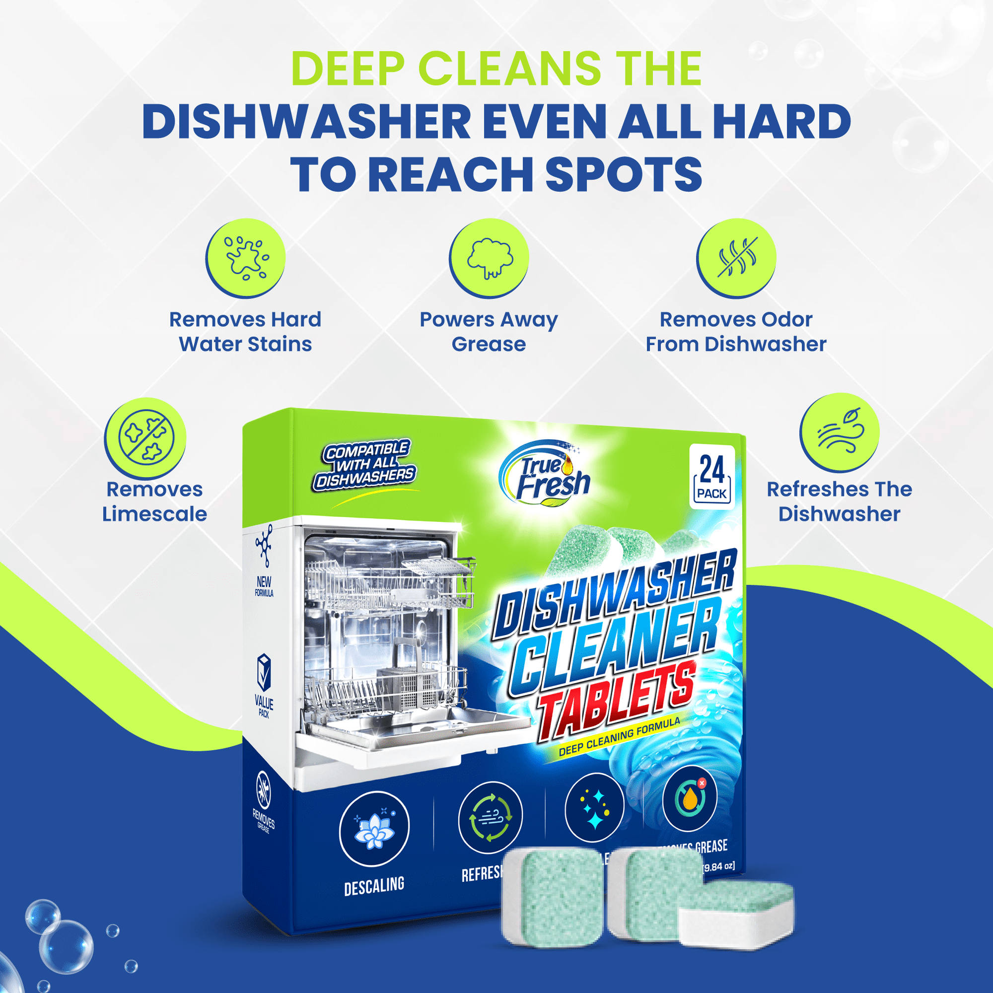 True Fresh Dishwasher Cleaner Tablets 24 Pack - Dishwasher Cleaner and Deodorizer to Descale - Remove Limescale and Buildups