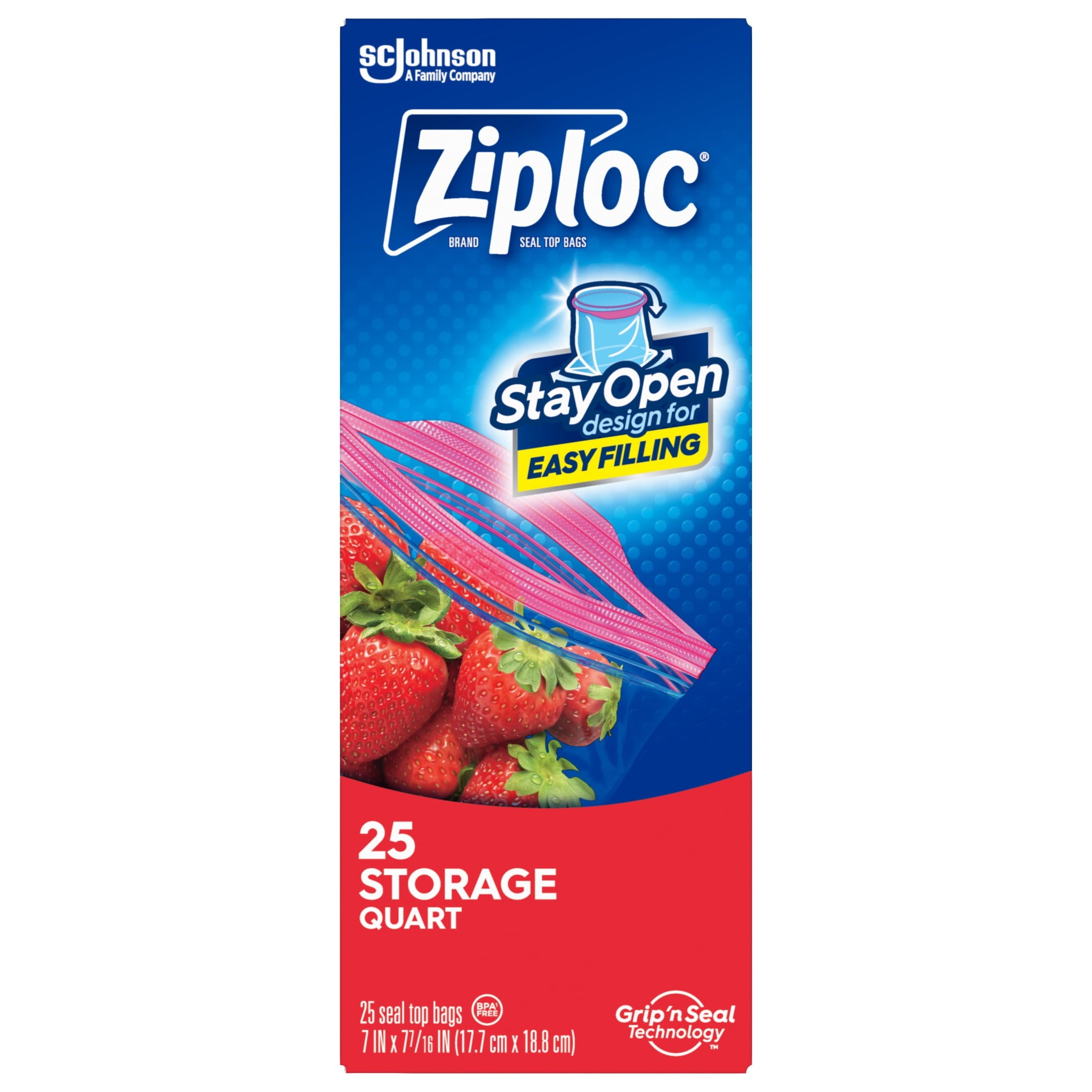 Ziploc Brand Food Storage Bags - School Supplies, with Grip 'n Seal Technology, Zipper, Quart, 25 Count