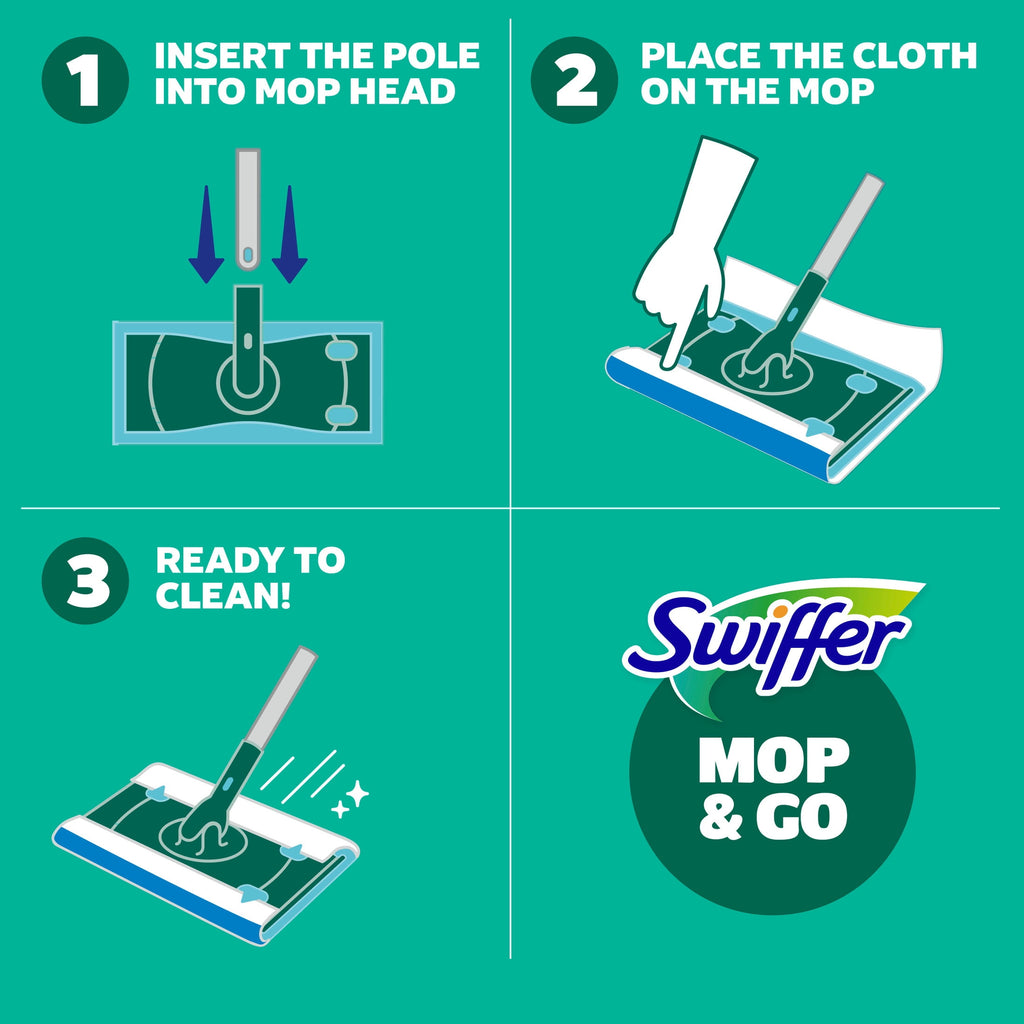 Swiffer Starter Classic Kit (1 Device - 2 Hair Magnet Dry Cloths, 2 Mop & Go Wet Cloths)
