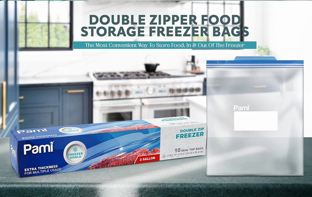 PAMI Extra-Thick Food Storage Bag with Double Zipper - 10 count Expandable Bottom Leakproof Plastic Gallon Ziploc Bags