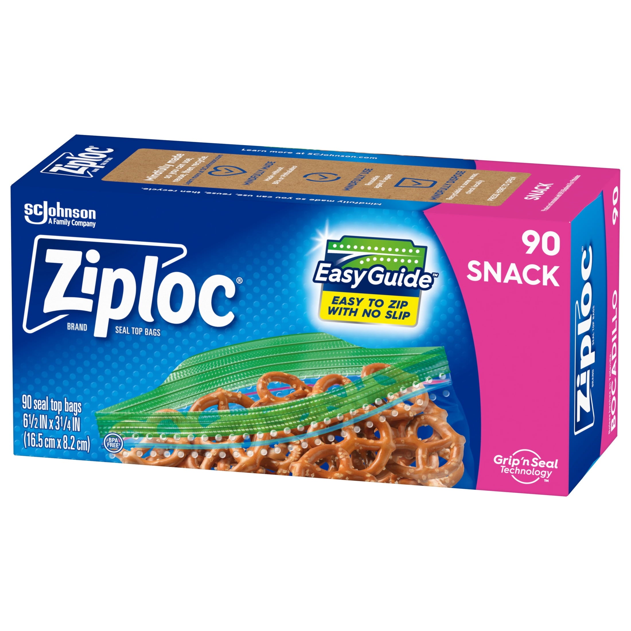 Ziploc® Snack Bags with EasyGuide™ Texture - Small Plastic Bags with Grip 'N Seal Technology, 90 Count