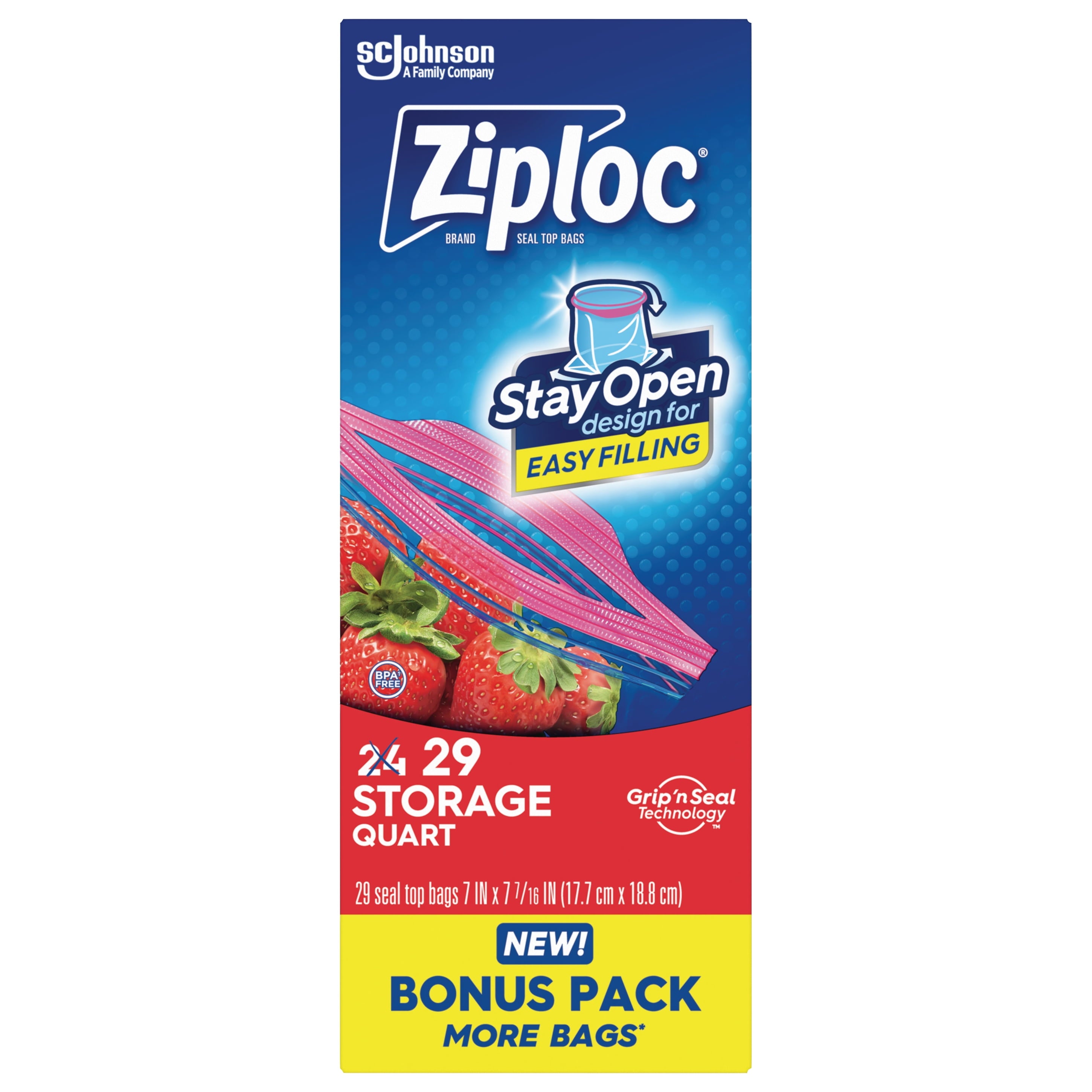 Ziploc® Brand Storage Bags with Stay Open Design - Quart, 29 Count, Patented Stand-up Bottom, Easy to Fill Food Storage Bags, Unloc a Free Set of Hands in the Kitchen, Microwave Safe, BPA Free