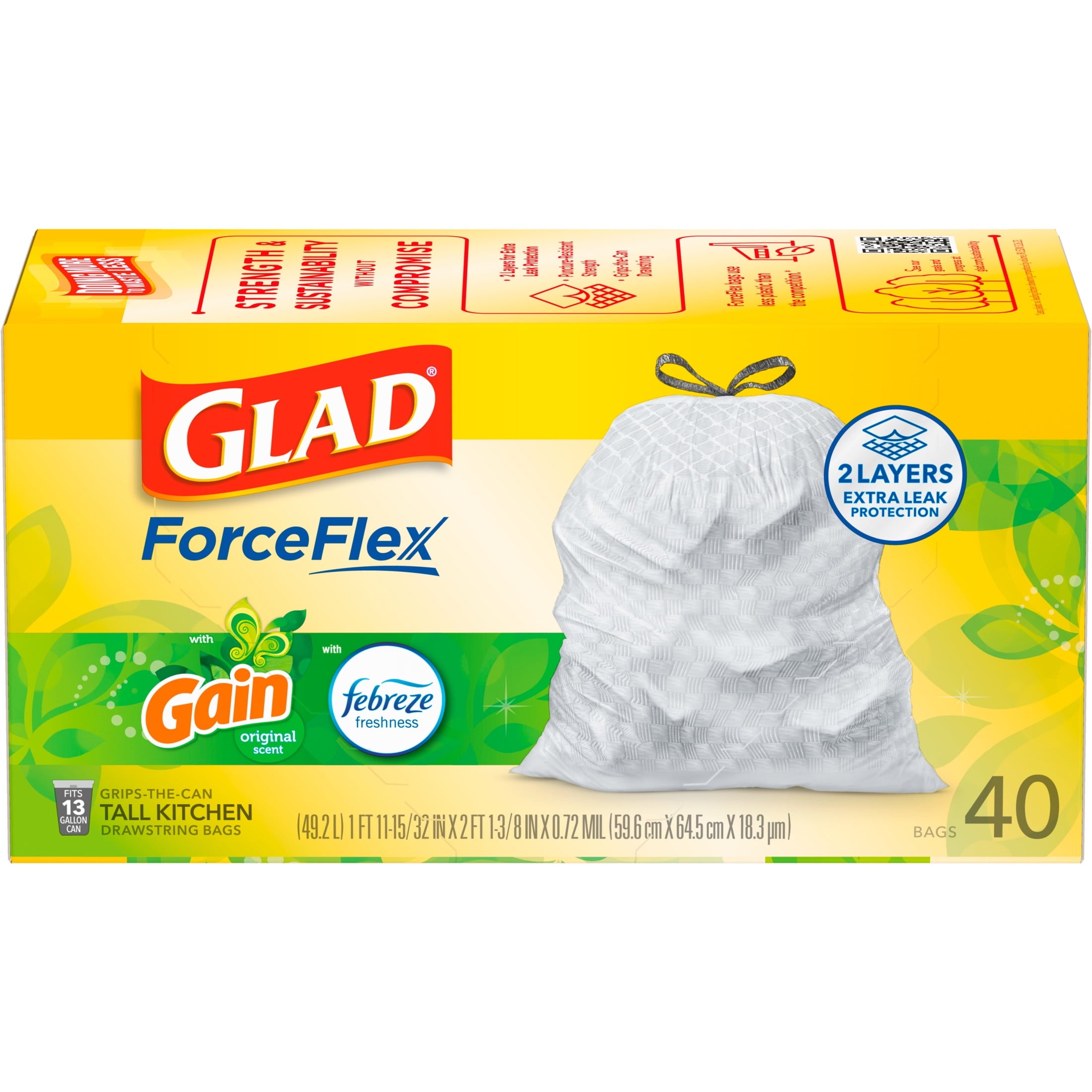Glad ForceFlex Tall Kitchen Drawstring Trash Bags - 13 Gal, Gain Original with Febreze, 40 Count - 6-Pack
