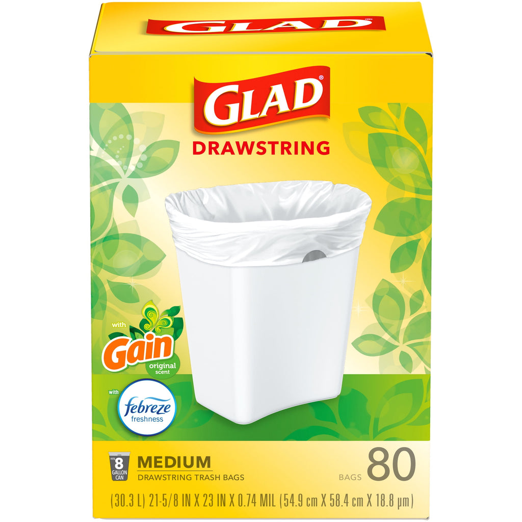 Glad Drawstring Medium Scented Trash Bags - 8 Gallon, Gain Original Scent With Febreze Freshness, 80 Bags