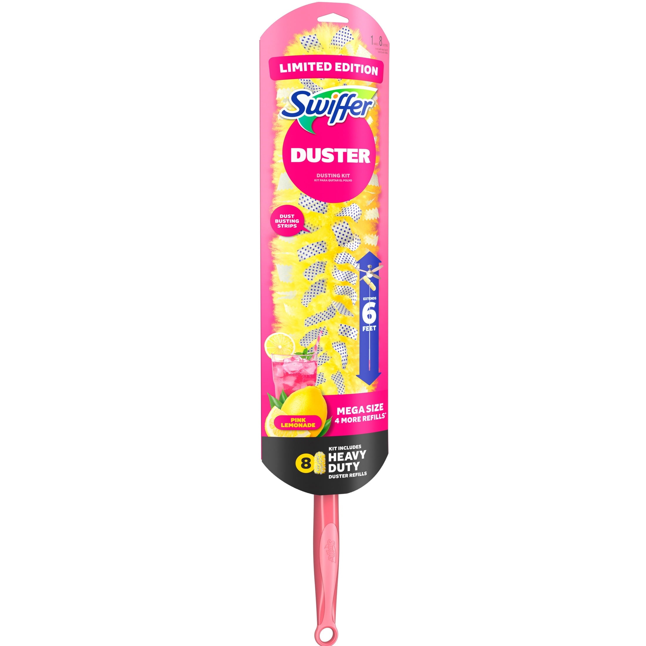 Swiffer Pink Limited Edition Duster Kit with 6 ft Super Extendable Handle - Heavy Duty Starter Kit with 8 Refills, Pink Lemonade Scent