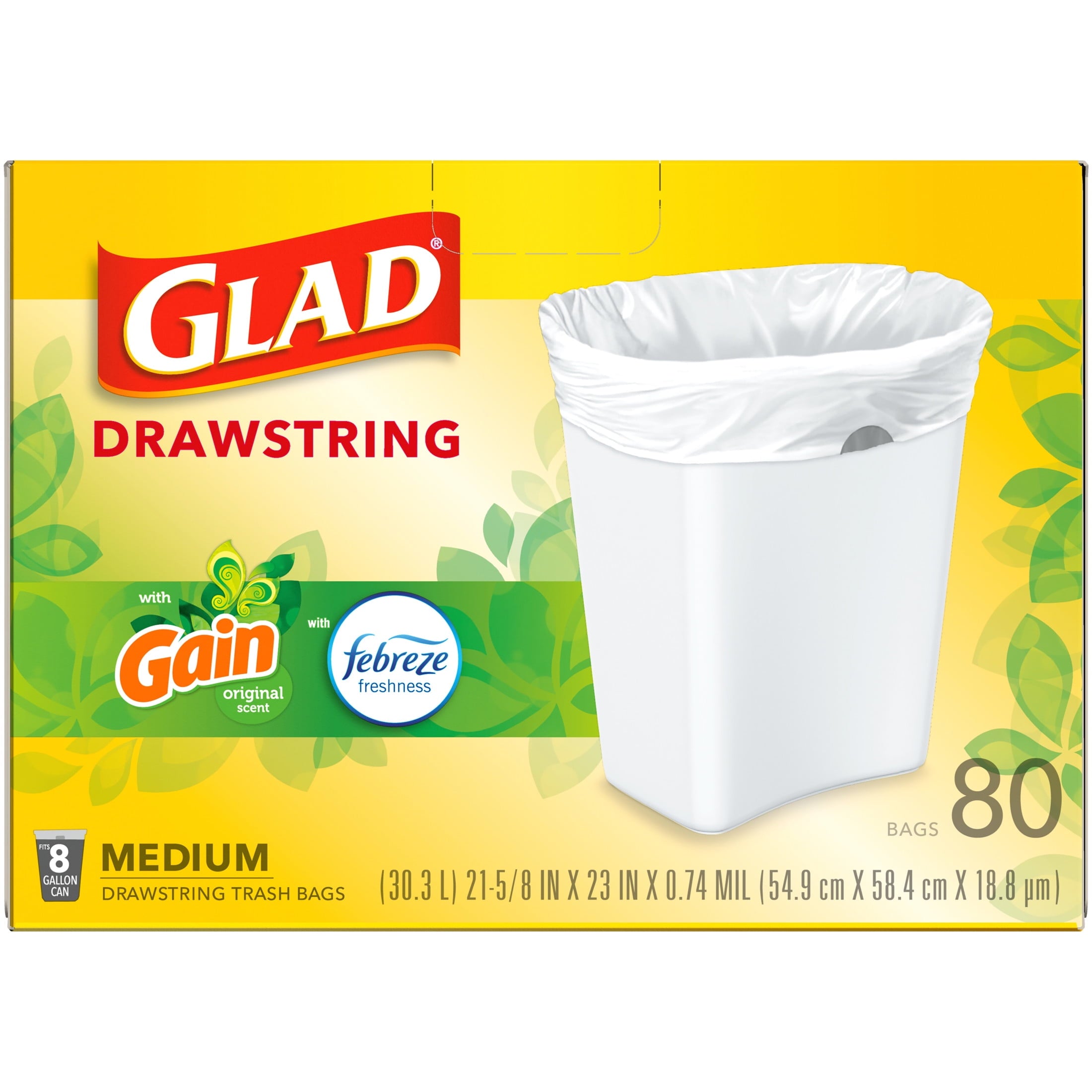 Glad Drawstring Medium Scented Trash Bags - 8 Gallon, Gain Original Scent With Febreze Freshness, 80 Bags