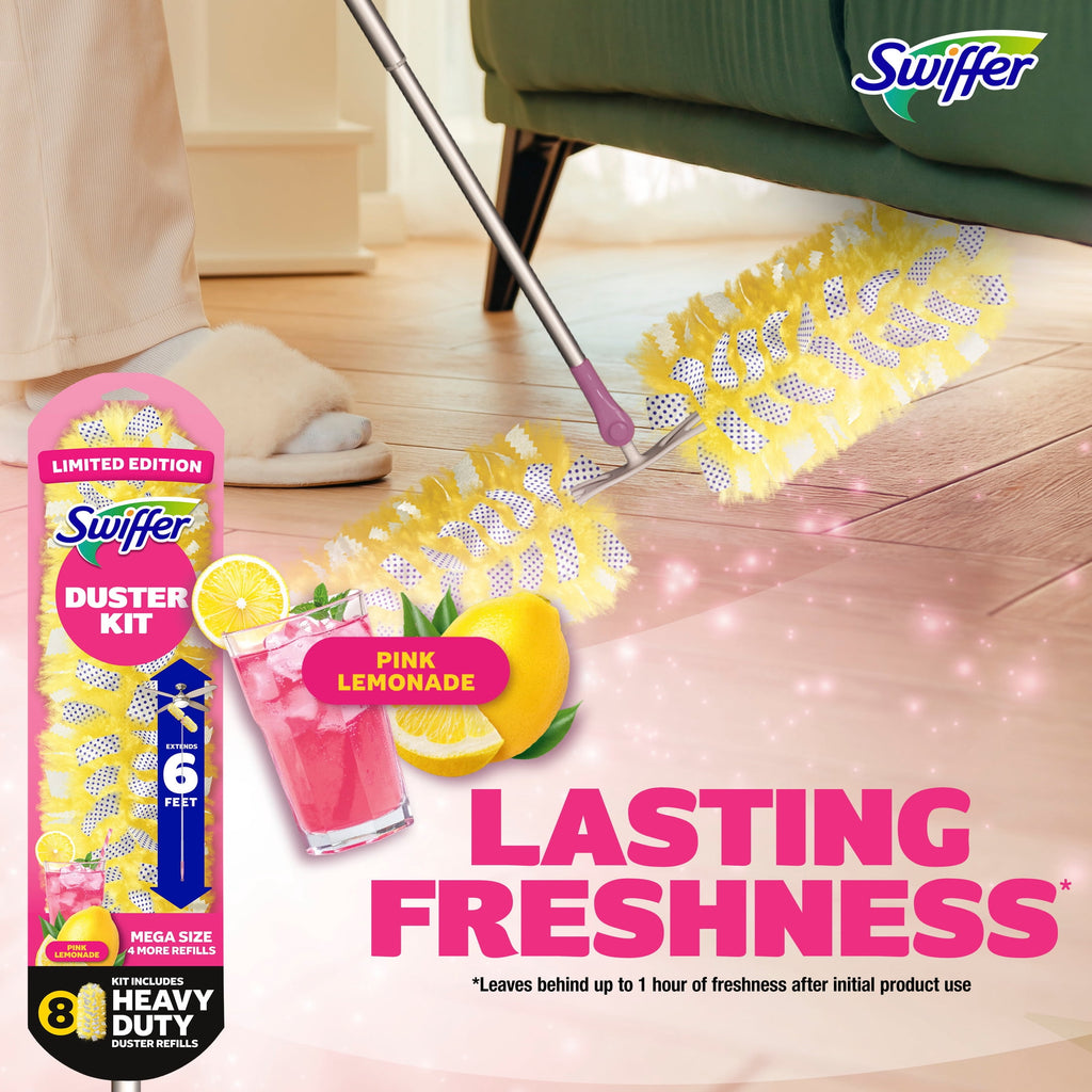 Swiffer Pink Limited Edition Duster Kit with 6 ft Super Extendable Handle - Heavy Duty Starter Kit with 8 Refills, Pink Lemonade Scent