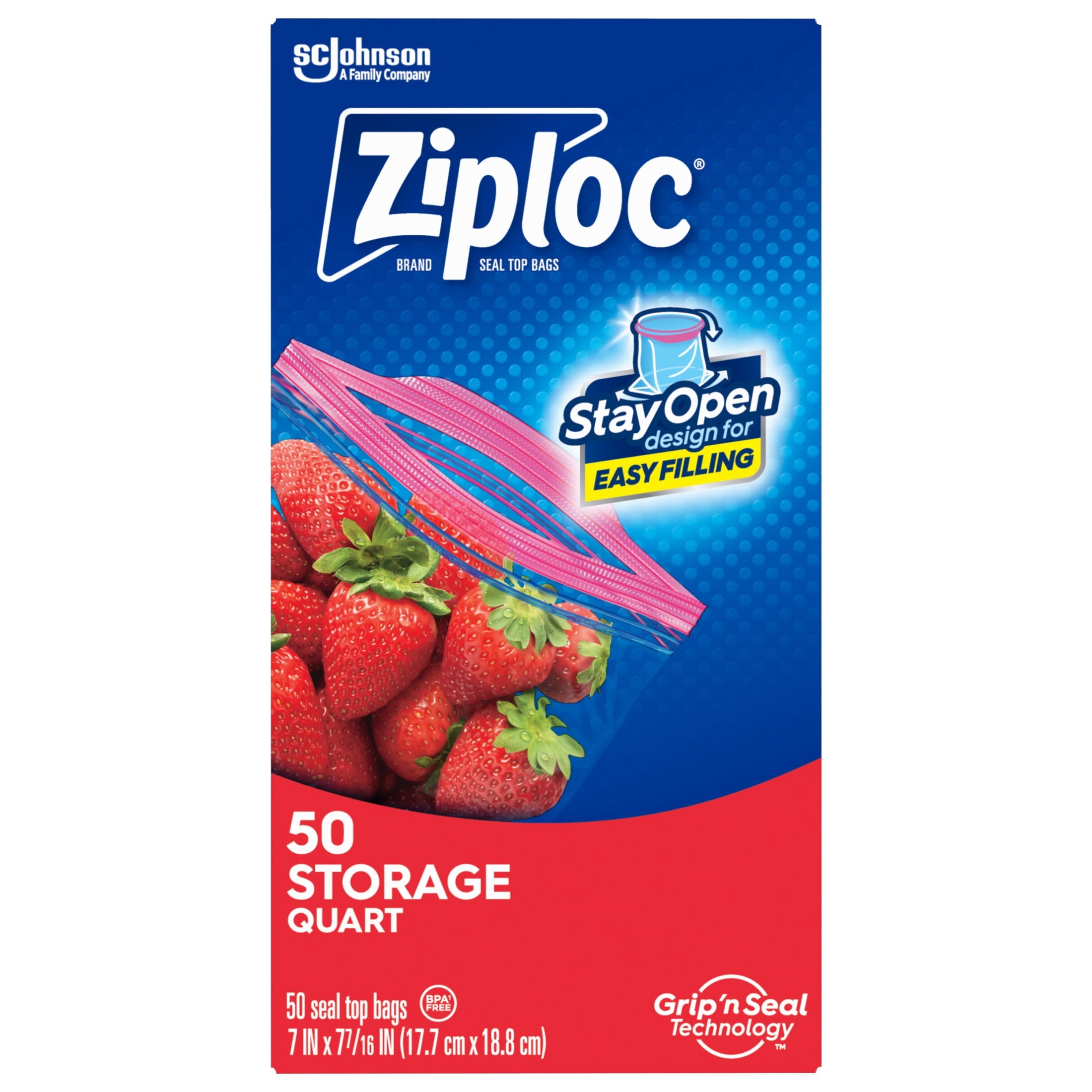 Ziploc Brand Food Storage Bags - School Supplies, with Grip 'n Seal Technology, Zipper, Quart, 50 Count