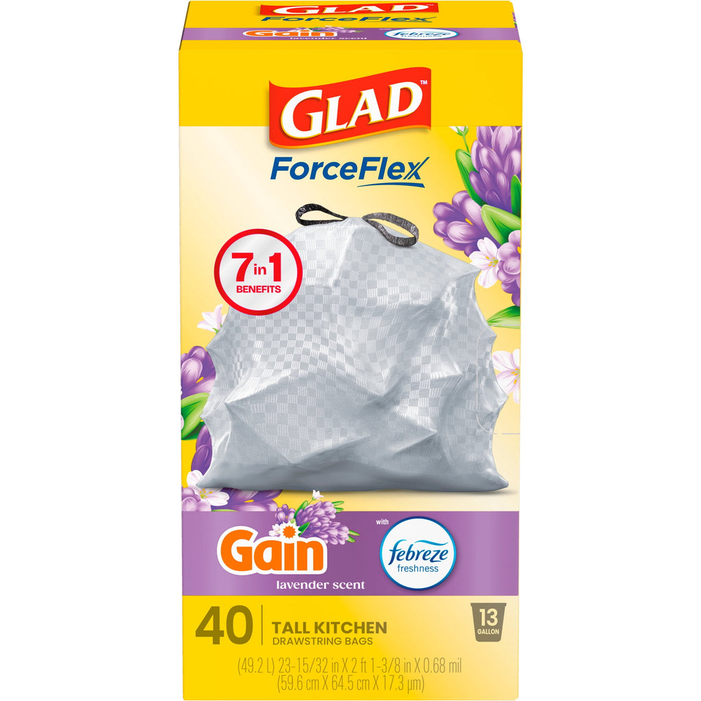 Glad ForceFlex Tall Kitchen Drawstring Trash Bags - 13 Gal, Gain Lavender, 40 Count - 3-Pack