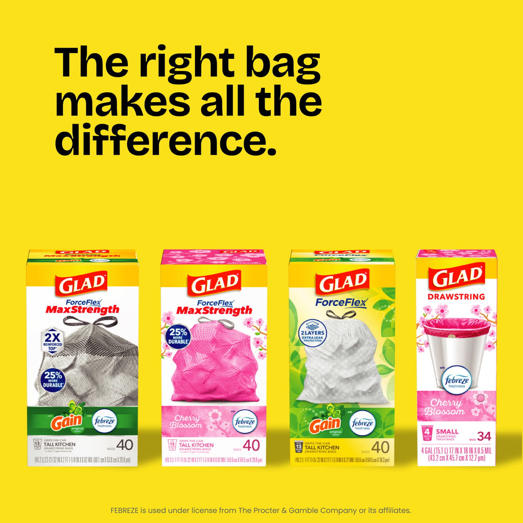 Glad ForceFlex Tall Kitchen Drawstring Trash Bags - 13 Gal, Gain Original with Febreze, 40 Count - 6-Pack