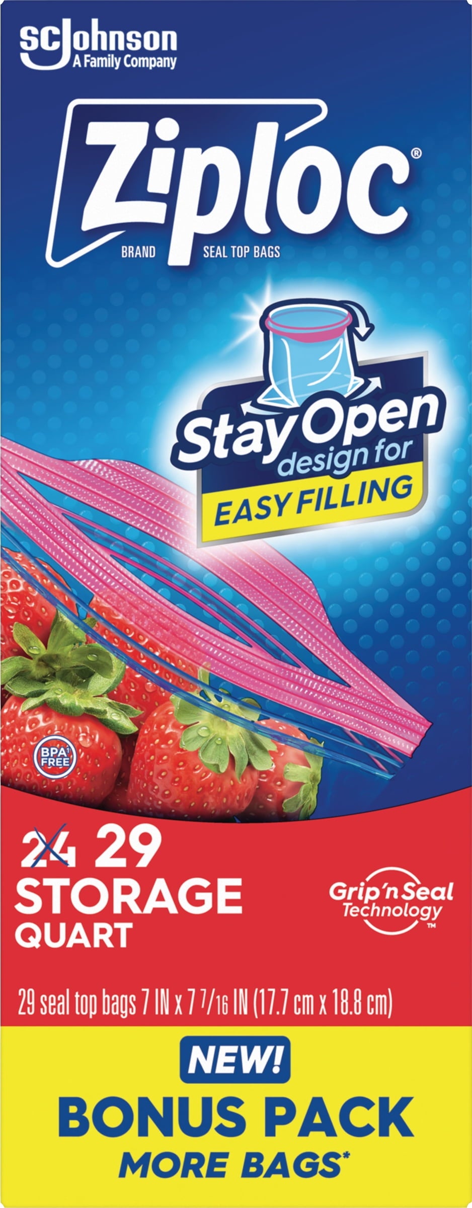 Ziploc® Brand Storage Bags with Stay Open Design - Quart, 29 Count, Patented Stand-up Bottom, Easy to Fill Food Storage Bags, Unloc a Free Set of Hands in the Kitchen, Microwave Safe, BPA Free