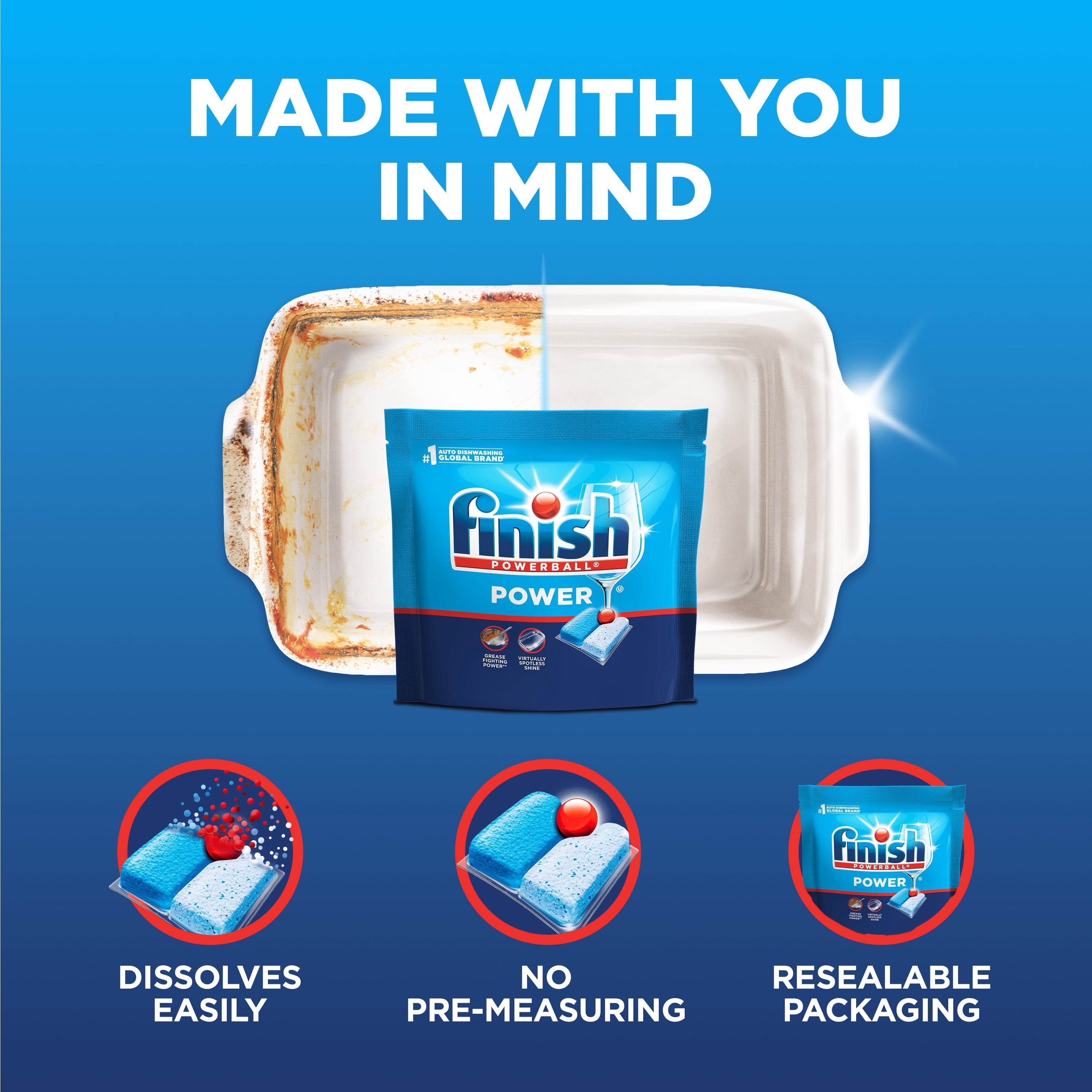 Finish Power Dishwasher Detergent Tabs - No Pre-Rinse Formula, 56 Count