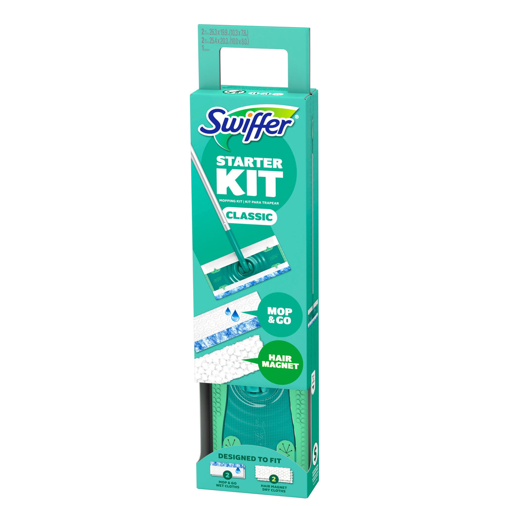 Swiffer Starter Classic Kit (1 Device - 2 Hair Magnet Dry Cloths, 2 Mop & Go Wet Cloths)