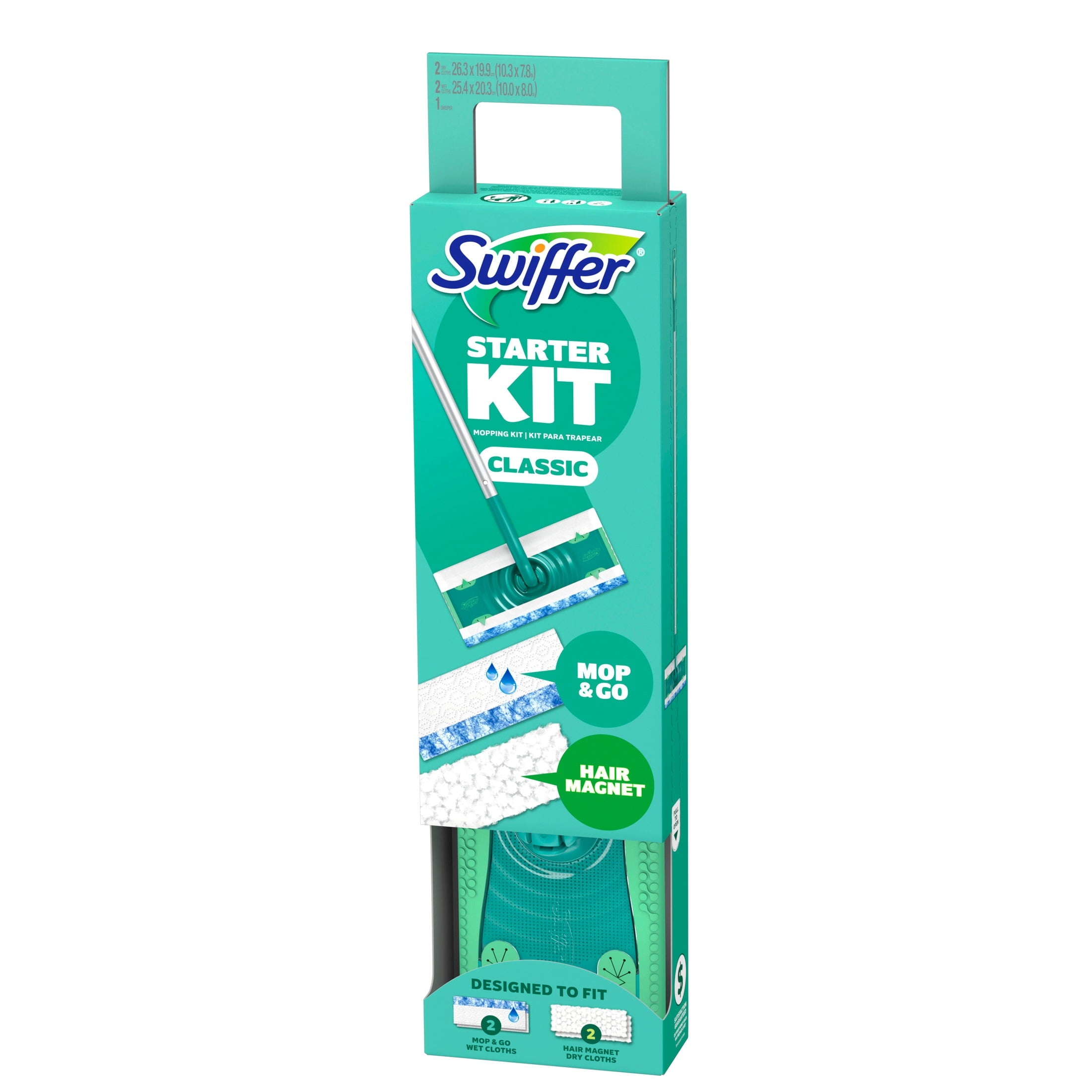 Swiffer Starter Classic Kit (1 Device - 2 Hair Magnet Dry Cloths, 2 Mop & Go Wet Cloths)