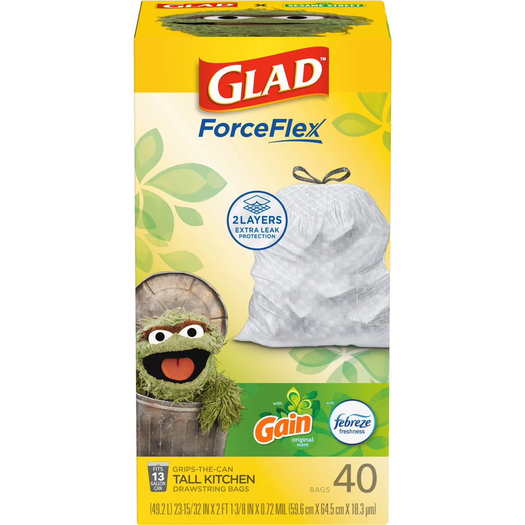 Glad ForceFlex Tall Kitchen Drawstring Trash Bags - 13 Gal, Gain Original with Febreze, 40 Count - 6-Pack