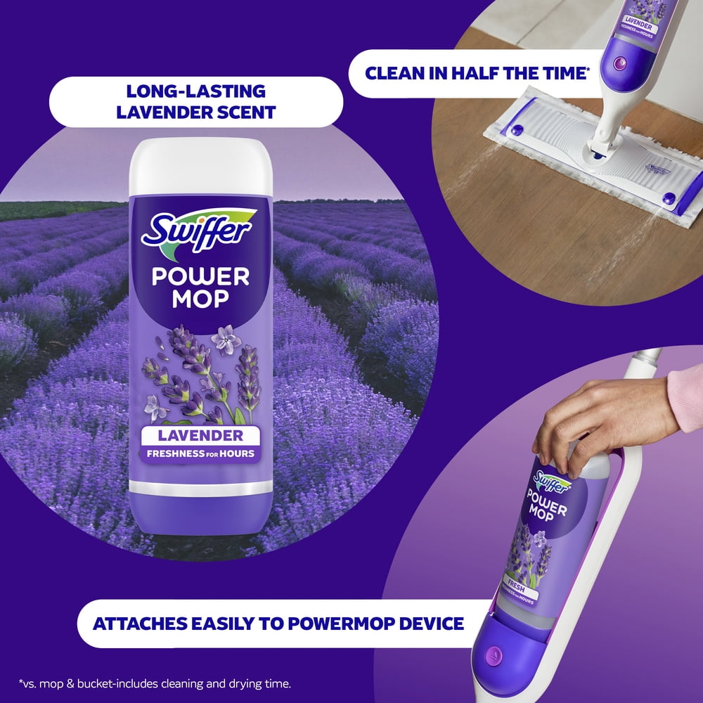 Swiffer Power Mop Floor Cleaner Bundle Includes 1 Spray Mop Device - 2 Lavender Scent Mopping Solutions 25.3 Fl Oz, 1 Fresh Scent Mopping Solution 25.3 Fl Oz & 7 Mop Pad Refills