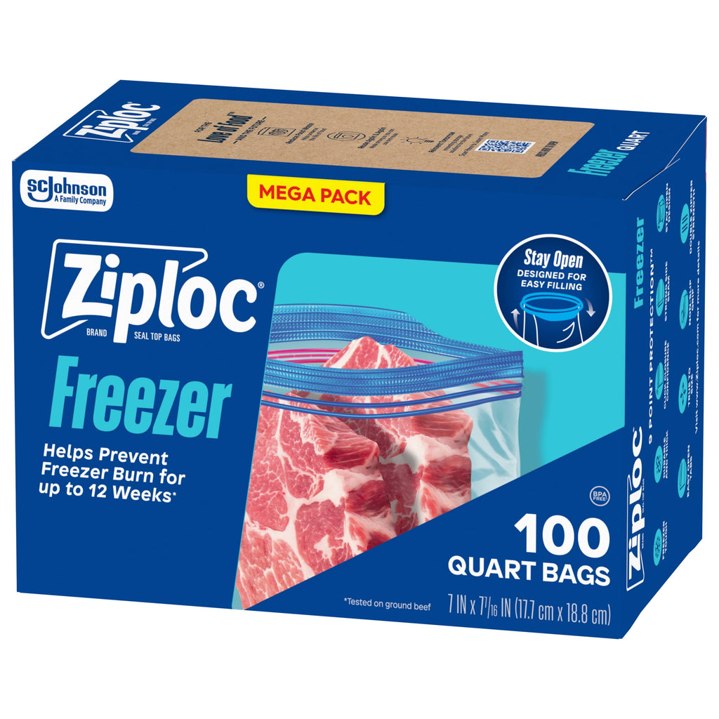 Ziploc Freezer Quart Food Storage Bags - School Supplies, Stay Open Design, Grip 'n Seal Technology, Zipper, 100 Count