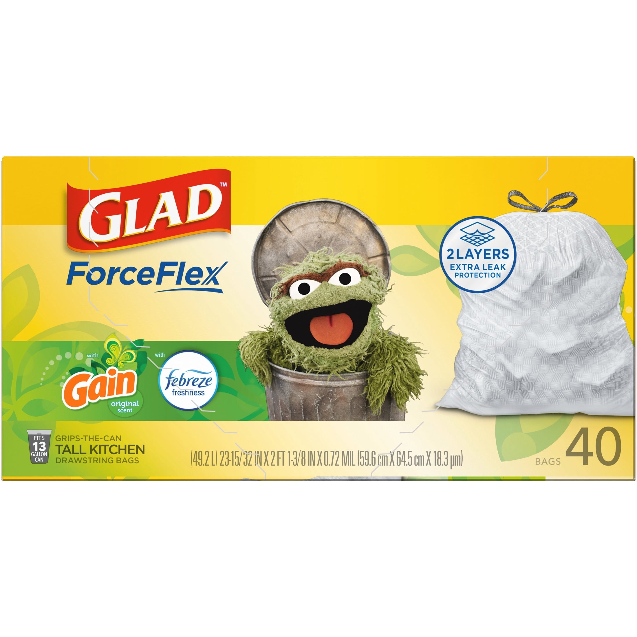 Glad ForceFlex Tall Kitchen Drawstring Trash Bags - 13 Gal, Gain Original with Febreze, 40 Count - 6-Pack