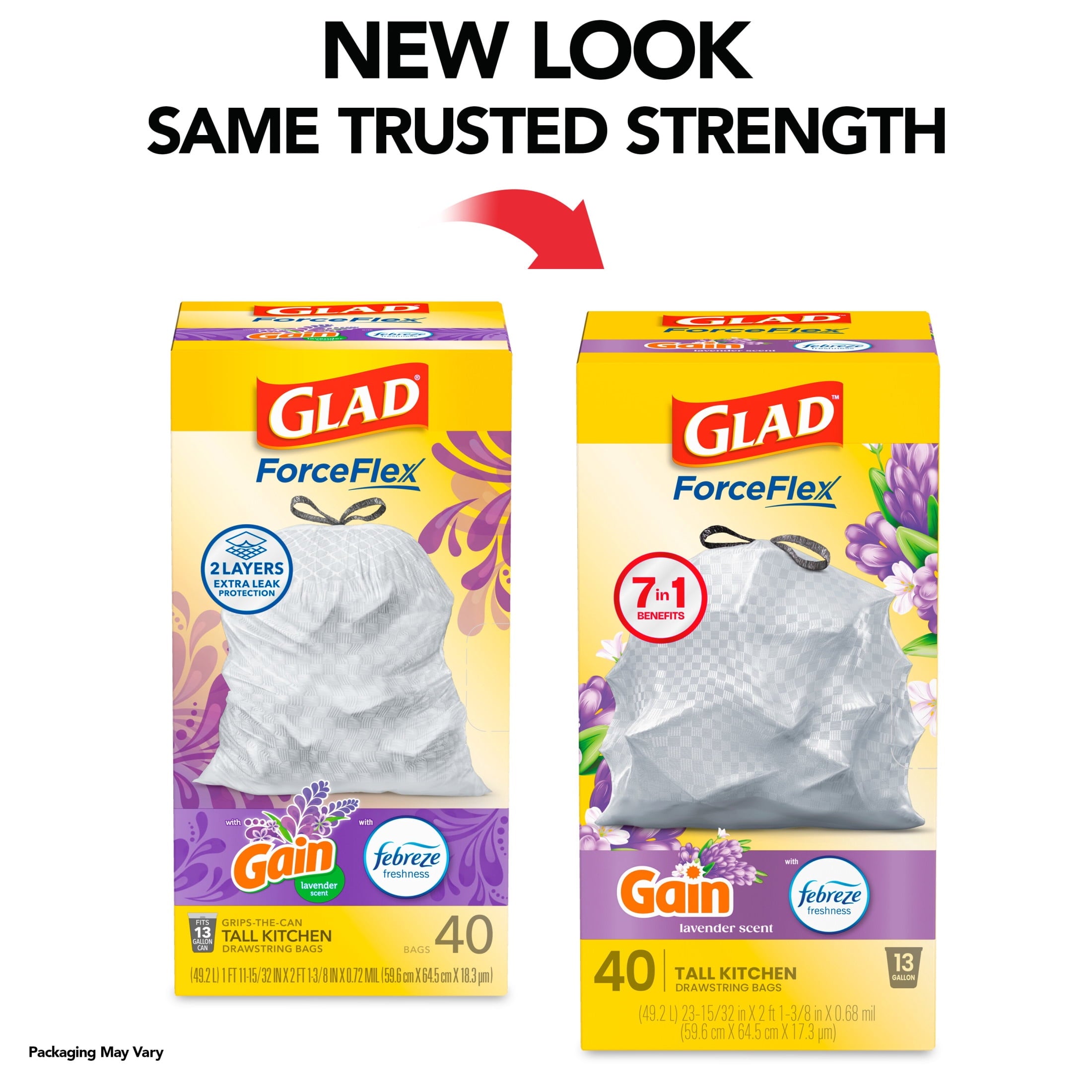 Glad ForceFlex Tall Kitchen Drawstring Trash Bags - 13 Gal, Gain Lavender, 40 Count - 3-Pack