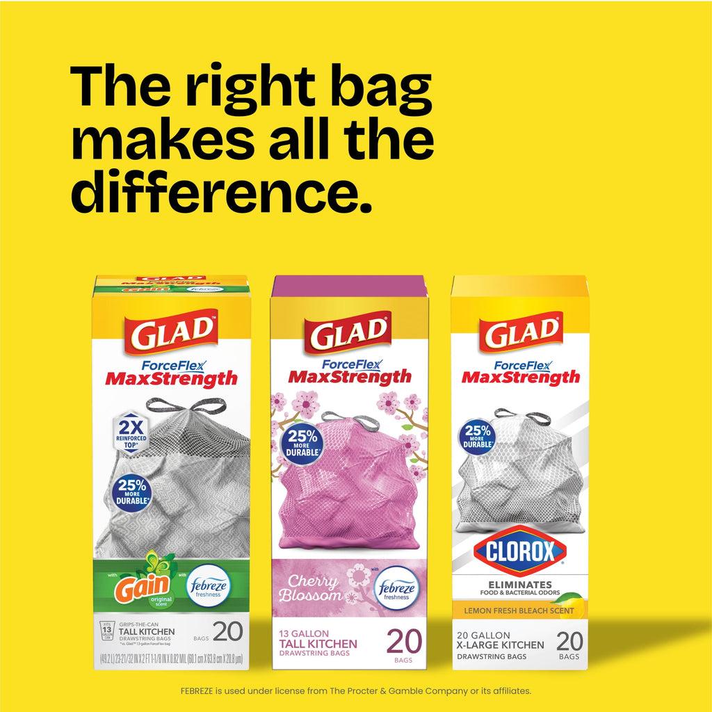 Glad Drawstring Medium Scented Trash Bags - 8 Gallon, Gain Original Scent With Febreze Freshness, 80 Bags