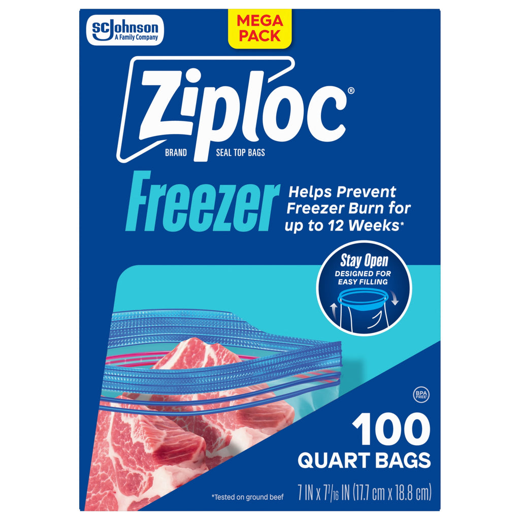 Ziploc Freezer Quart Food Storage Bags - School Supplies, Stay Open Design, Grip 'n Seal Technology, Zipper, 100 Count