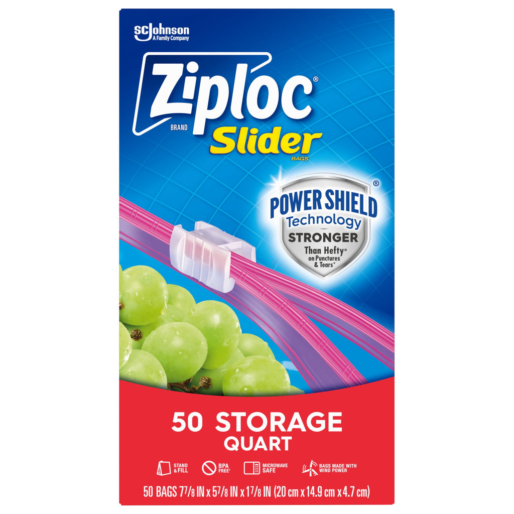 Ziploc Brand Slider Quart Food Storage Bags - School Supplies, with Power Shield Technology, Zipper, 50 Count