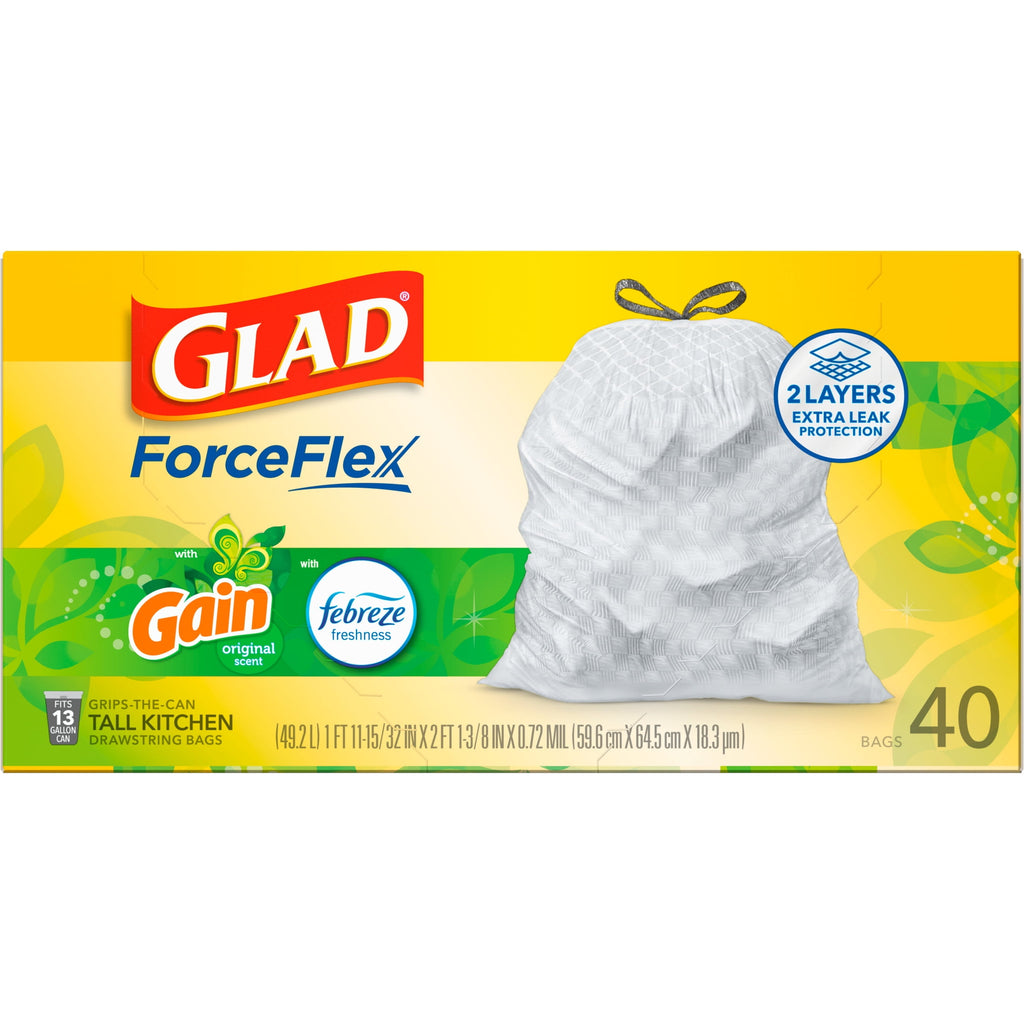 Glad ForceFlex Tall Kitchen Drawstring Trash Bags - 13 Gal, Gain Original with Febreze, 40 Count - 6-Pack