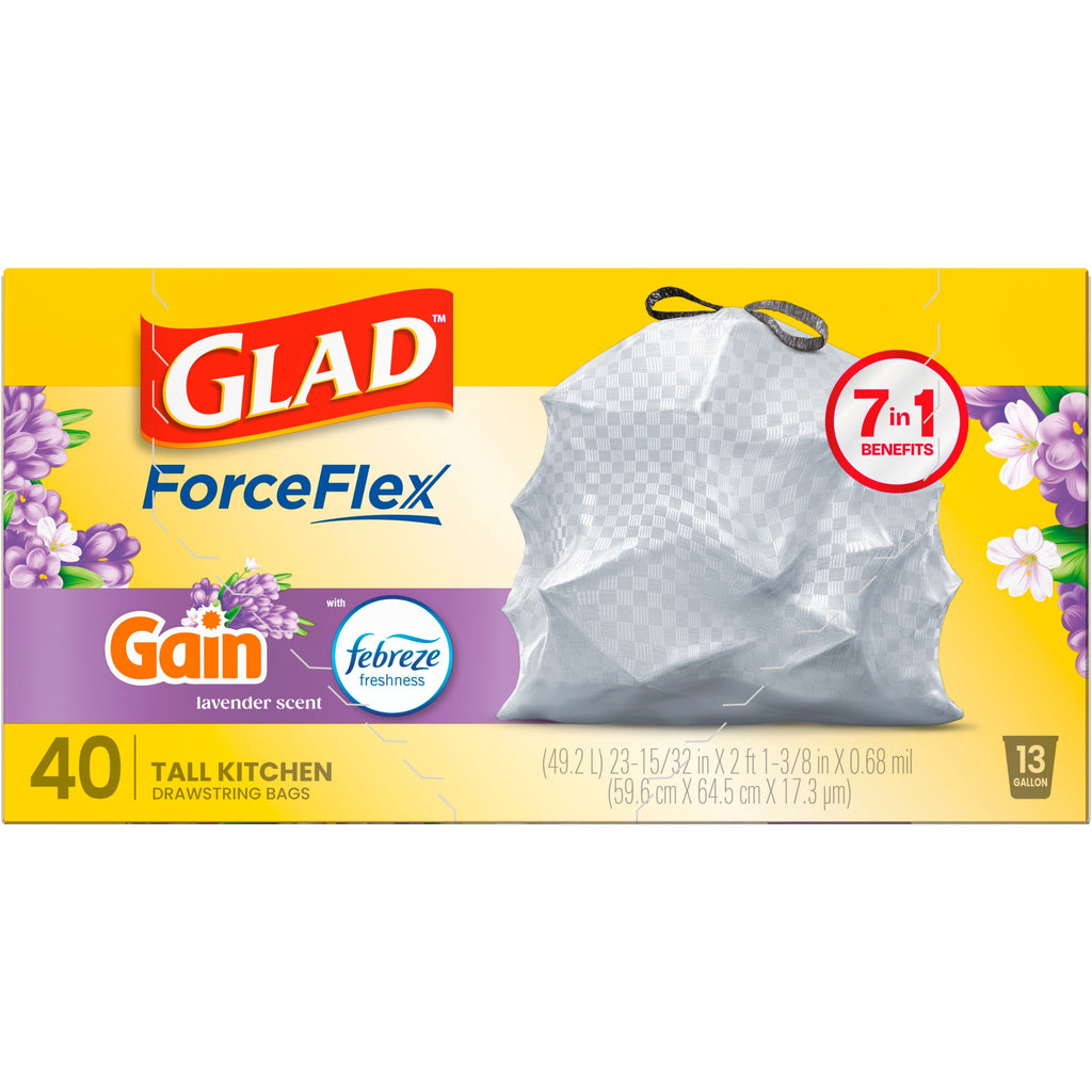 Glad ForceFlex Tall Kitchen Drawstring Trash Bags - 13 Gal, Gain Lavender, 40 Count - 3-Pack