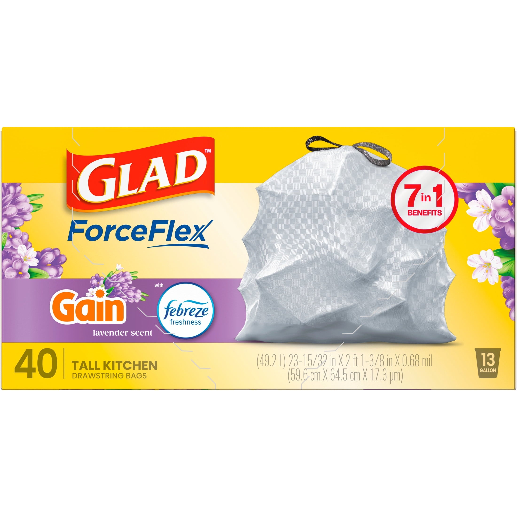 Glad ForceFlex Tall Kitchen Drawstring Trash Bags - 13 Gal, Gain Lavender, 40 Count - 3-Pack