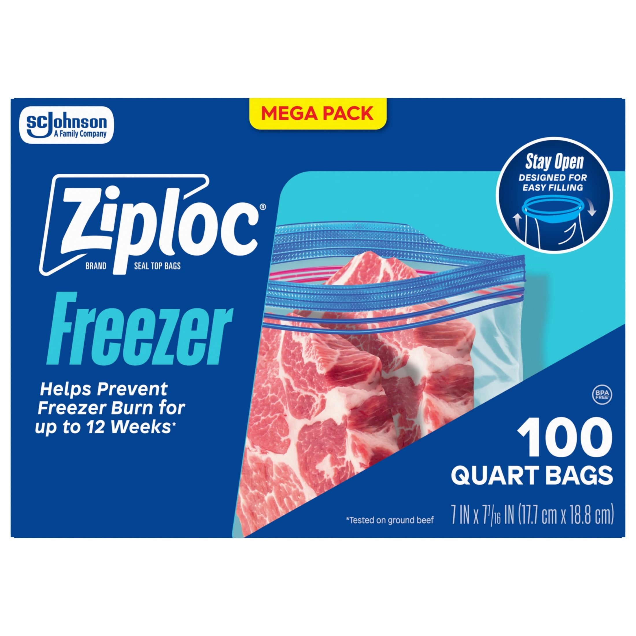 Ziploc Freezer Quart Food Storage Bags - School Supplies, Stay Open Design, Grip 'n Seal Technology, Zipper, 100 Count