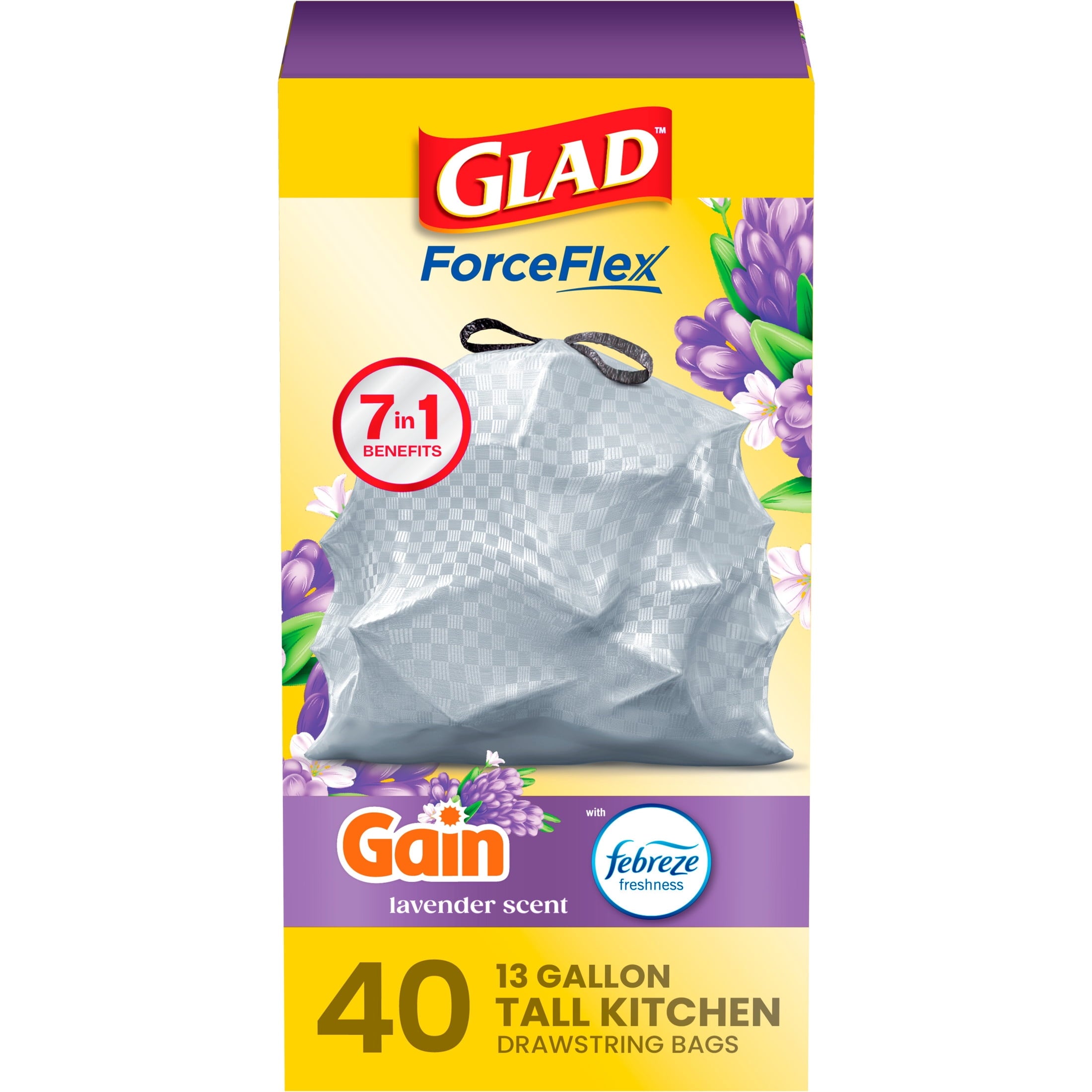 Glad ForceFlex Tall Kitchen Drawstring Trash Bags - 13 Gal, Gain Lavender, 40 Count - 3-Pack